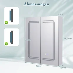 Bad Spiegelschrank mit Beleuchtung & 2 Steckdosen & Doppeltüren Anti-Beschlag Hängeschrank