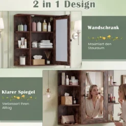 Bad Spiegelschrank mit 3 Innenablagen & 6 Offenen Fächern Badschrank mit Spiegel Rustikales Braun