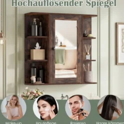 Bad Spiegelschrank mit 3 Innenablagen & 6 Offenen Fächern Badschrank mit Spiegel Rustikales Braun