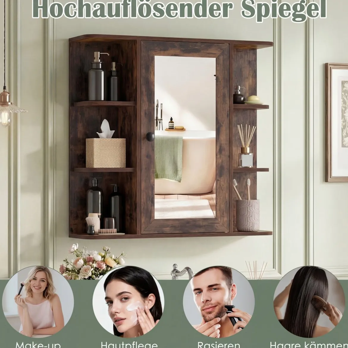 Bad Spiegelschrank mit 3 Innenablagen & 6 Offenen Fächern Badschrank mit Spiegel Rustikales Braun
