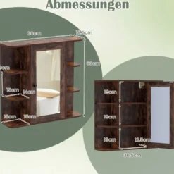 Bad Spiegelschrank mit 3 Innenablagen & 6 Offenen Fächern Badschrank mit Spiegel Rustikales Braun