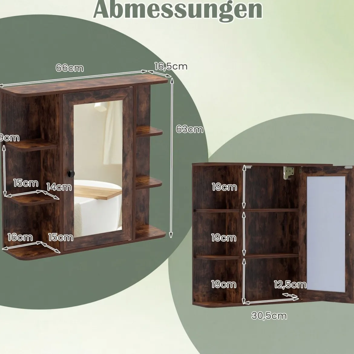 Bad Spiegelschrank mit 3 Innenablagen & 6 Offenen Fächern Badschrank mit Spiegel Rustikales Braun