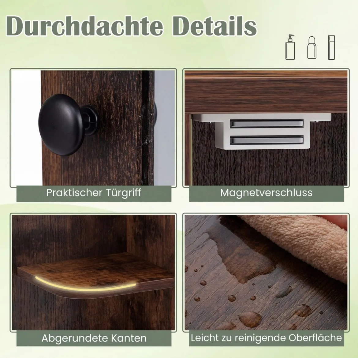 Bad Spiegelschrank mit 3 Innenablagen & 6 Offenen Fächern Badschrank mit Spiegel Rustikales Braun