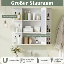 Bad Spiegelschrank mit 3 Innenablagen & 6 Offenen Fächern Badschrank mit Spiegel Weiß