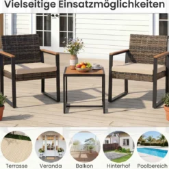 Balkonmöbel Set mit 2 Stühle & Beistelltisch & Weicher Kissen Sitzgruppe Lounge Set Beige