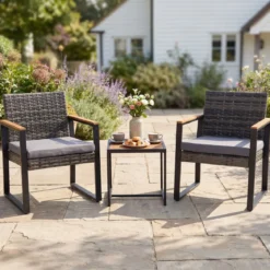 Balkonmöbel Set mit 2 Stühle & Beistelltisch & Weicher Kissen Sitzgruppe Lounge Set Grau
