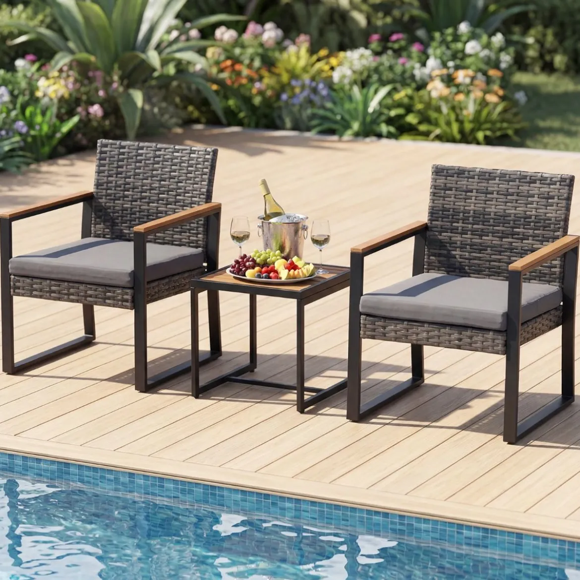 Balkonmöbel Set mit 2 Stühle & Beistelltisch & Weicher Kissen Sitzgruppe Lounge Set Grau