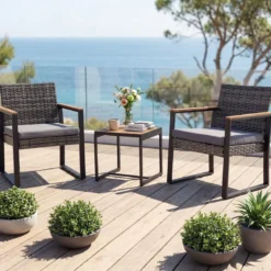 Balkonmöbel Set mit 2 Stühle & Beistelltisch & Weicher Kissen Sitzgruppe Lounge Set Grau