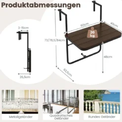Balkontisch zum Einhängen mit 3-stufig Verstellbarer Höhe Klappbarer Geländertisch Kaffee