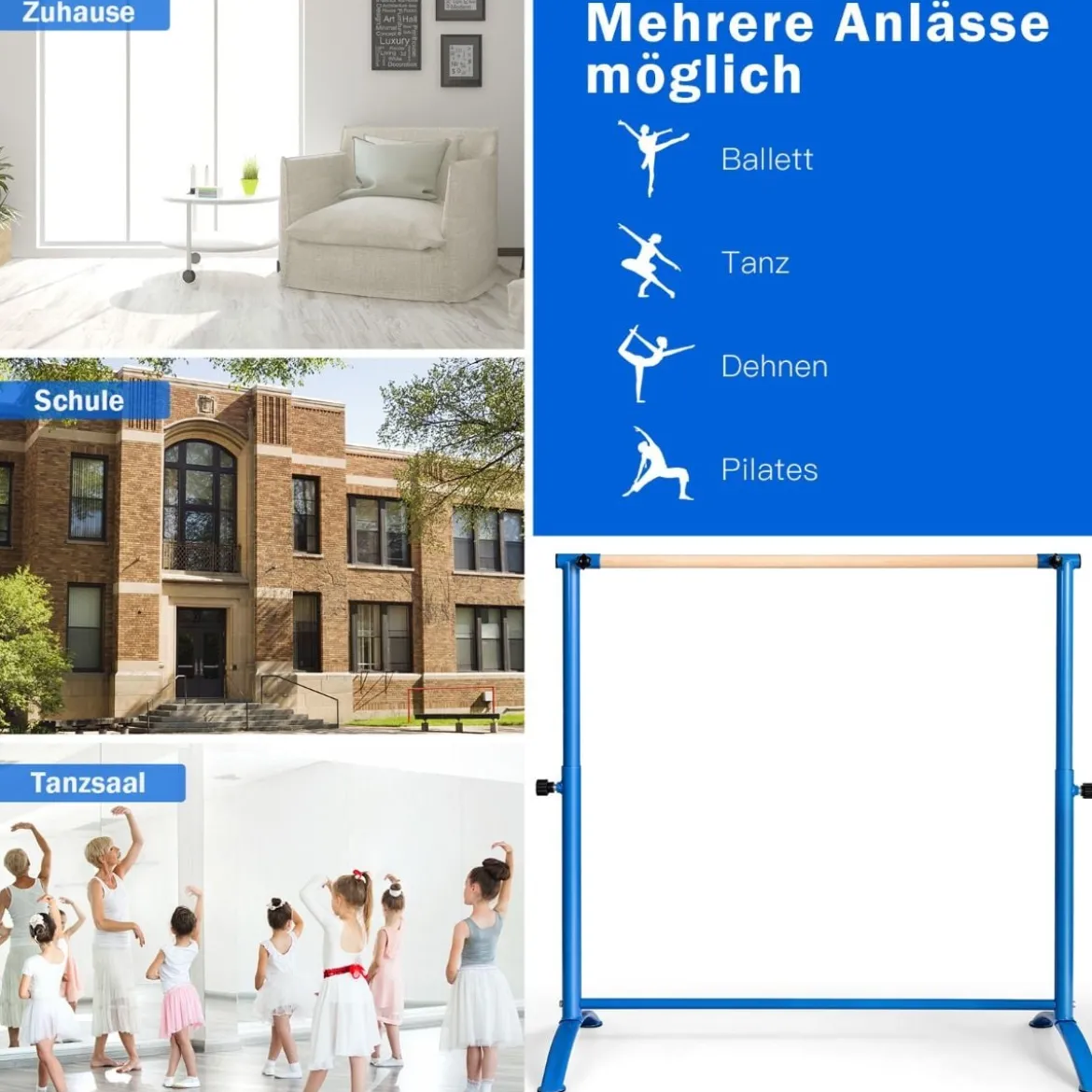 Ballettstange freistehende Tanzstange mit 4-facher Höhenverstellung 121 x 64 x 100-130 cm Blau