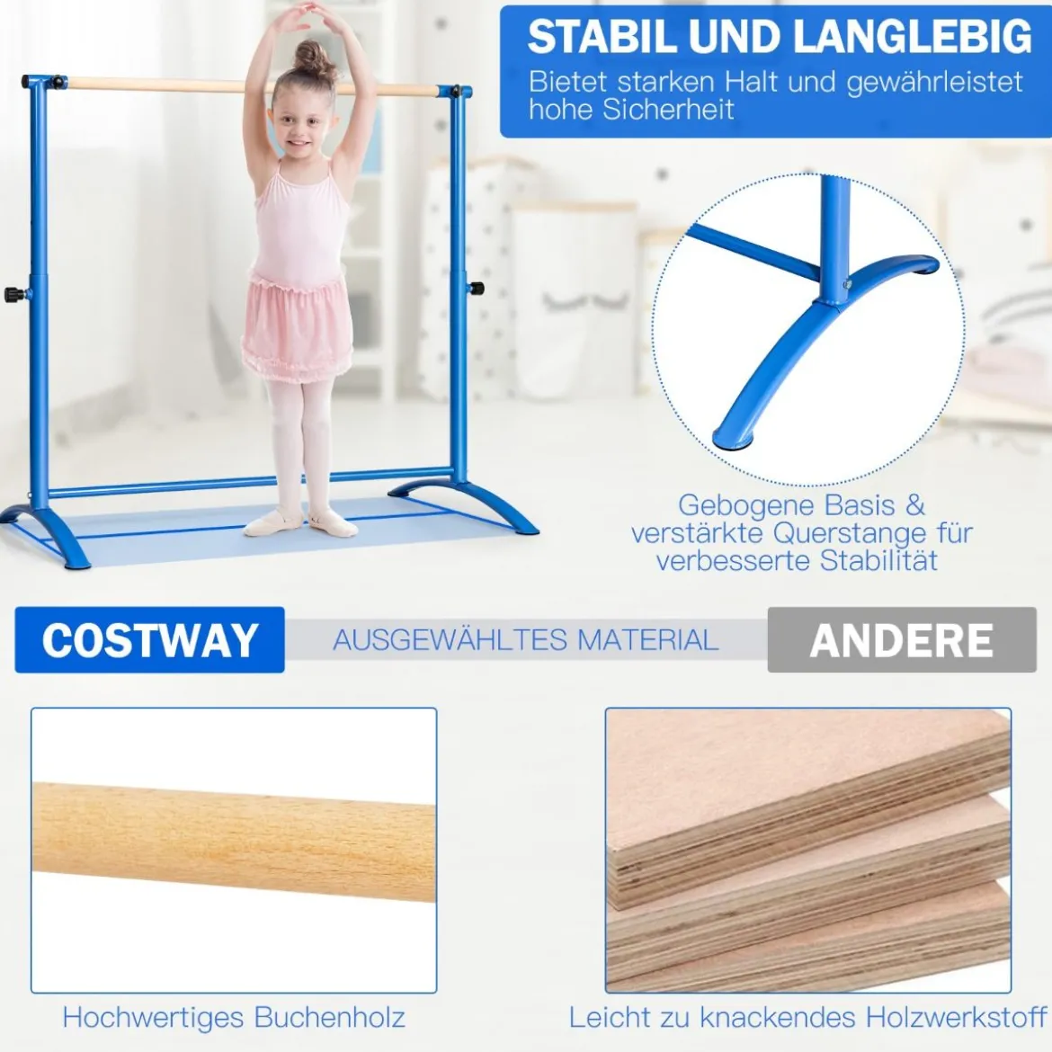 Ballettstange freistehende Tanzstange mit 4-facher Höhenverstellung 121 x 64 x 100-130 cm Blau