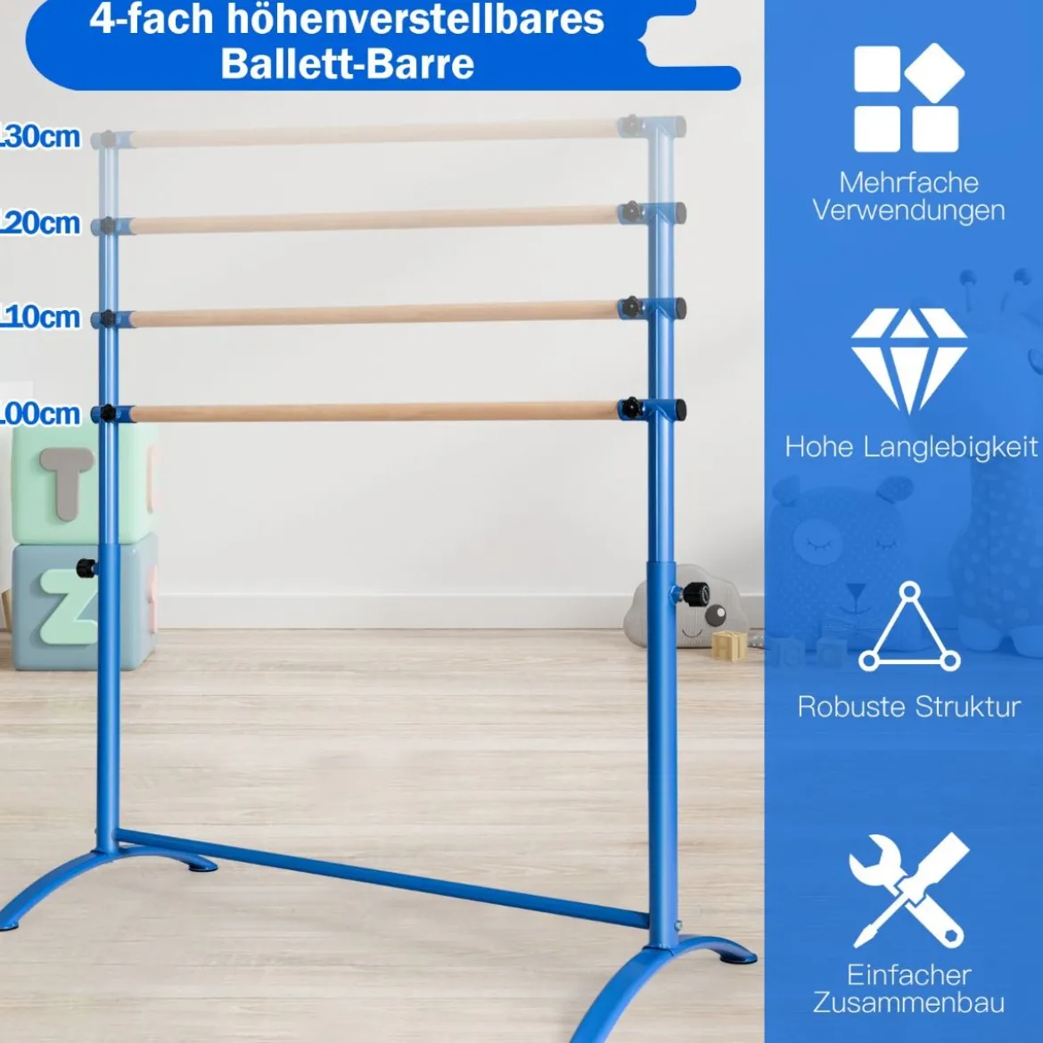 Ballettstange freistehende Tanzstange mit 4-facher Höhenverstellung 121 x 64 x 100-130 cm Blau