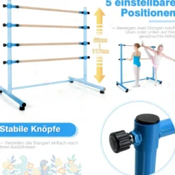 Ballettstange freistehend 5 stufig höhenverstellbar Ballett Barre mit 2 massiven Holzstangen 120 cm Blau