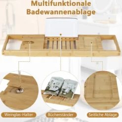 Bambus Badewannenbretter ausziehbare Badewannenablage mit verstellbarem Buchständer 70,5-105 x 22 x 4 cm Natur