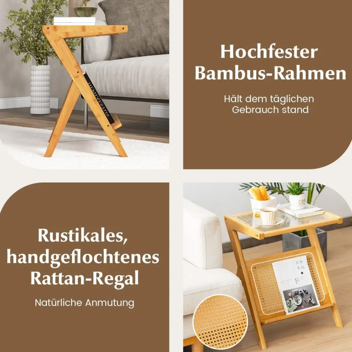 Bambus Beistelltisch mit Rattan Magazinhalter & Gehärteter Glasplatte Z-förmiger Couchtisch