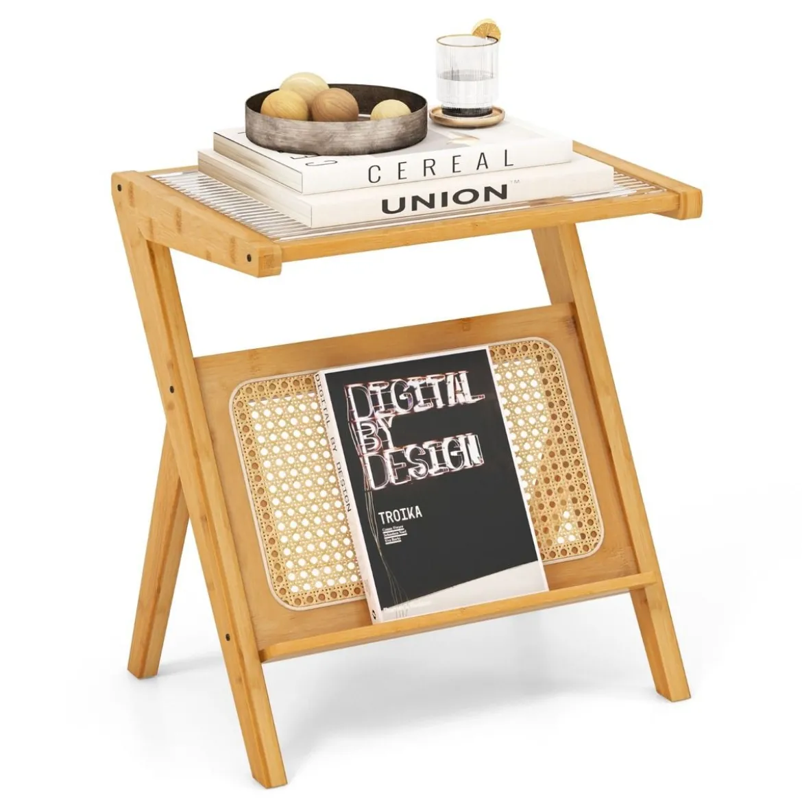 Bambus Beistelltisch mit Rattan Magazinhalter & Gehärteter Glasplatte Z-förmiger Couchtisch