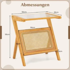 Bambus Beistelltisch mit Rattan Magazinhalter & Gehärteter Glasplatte Z-förmiger Couchtisch