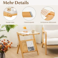 Bambus Beistelltisch mit Rattan Magazinhalter & Gehärteter Glasplatte Z-förmiger Couchtisch