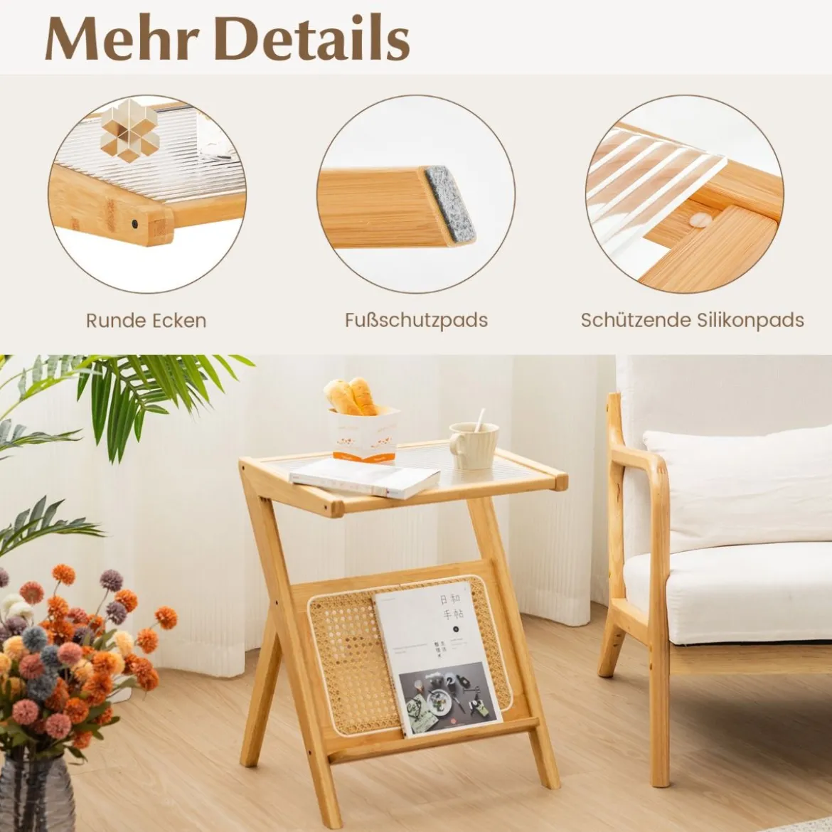 Bambus Beistelltisch mit Rattan Magazinhalter & Gehärteter Glasplatte Z-förmiger Couchtisch
