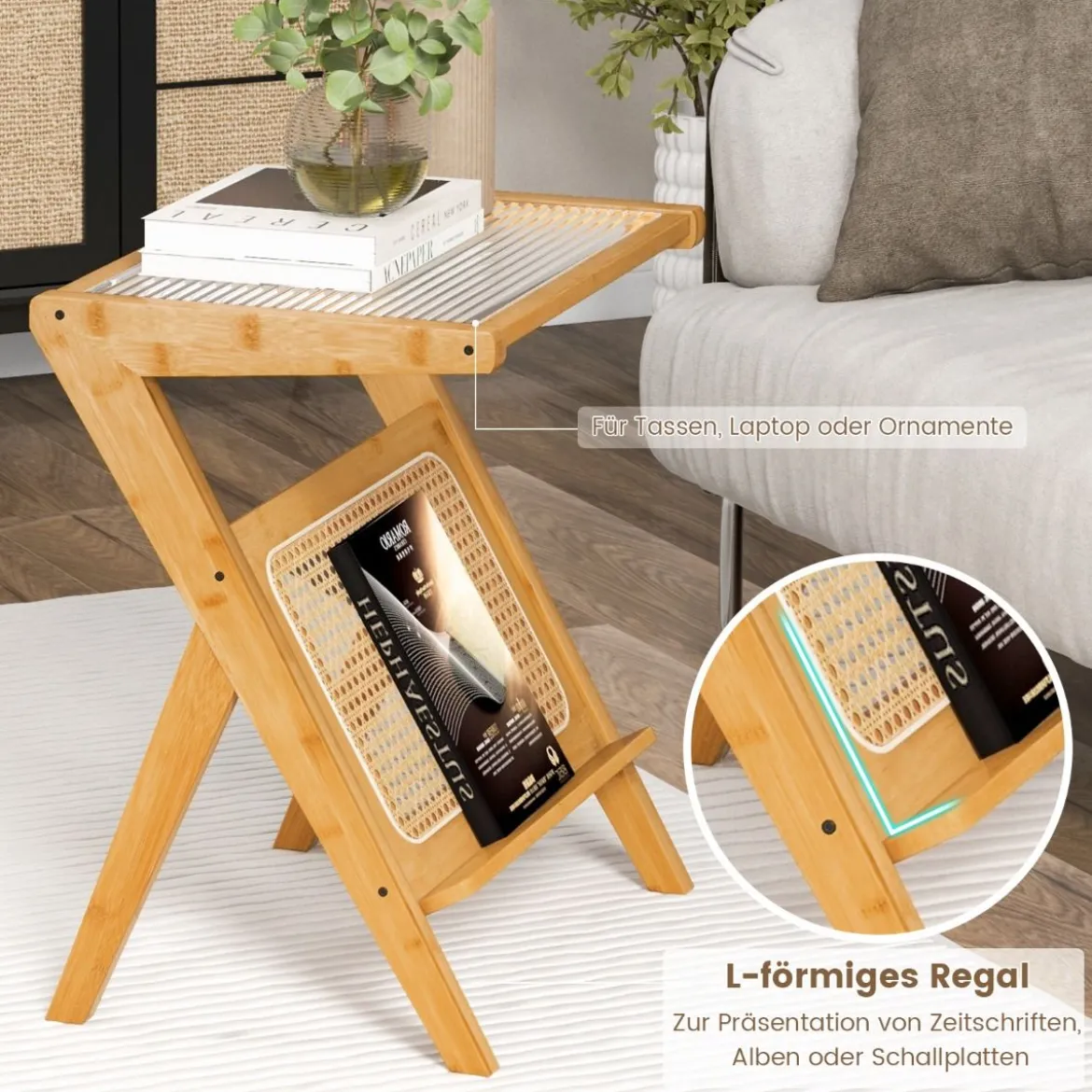 Bambus Beistelltisch mit Rattan Magazinhalter & Gehärteter Glasplatte Z-förmiger Couchtisch