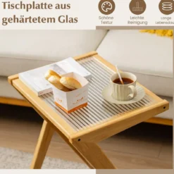 Bambus Beistelltisch mit Rattan Magazinhalter & Gehärteter Glasplatte Z-förmiger Couchtisch