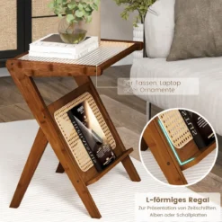 Bambus Beistelltisch mit Rattan Magazinhalter & Glasplatte Z-förmiger Couchtisch Walnuss