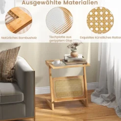 Bambus Beistelltisch mit Rattan Zeitschriftenhalter & Glasplatte Z-förmiger Couchtisch Sofatisch