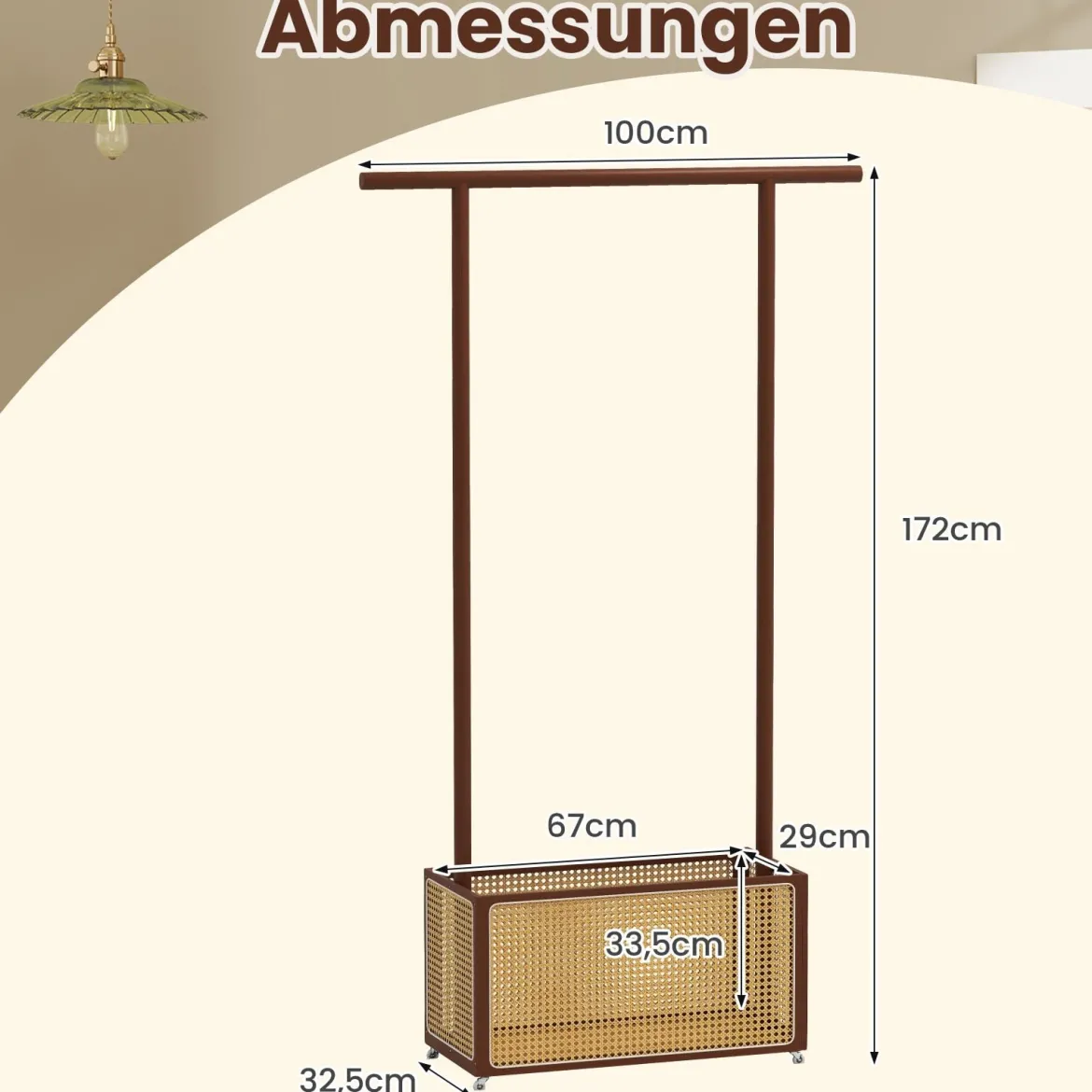 Bambus-Kleiderständer Garderobenständer mit Rattan-Aufbewahrungskorb & Rollen Braun