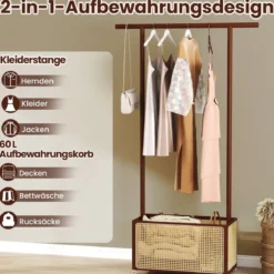 Bambus-Kleiderständer Garderobenständer mit Rattan-Aufbewahrungskorb & Rollen Braun