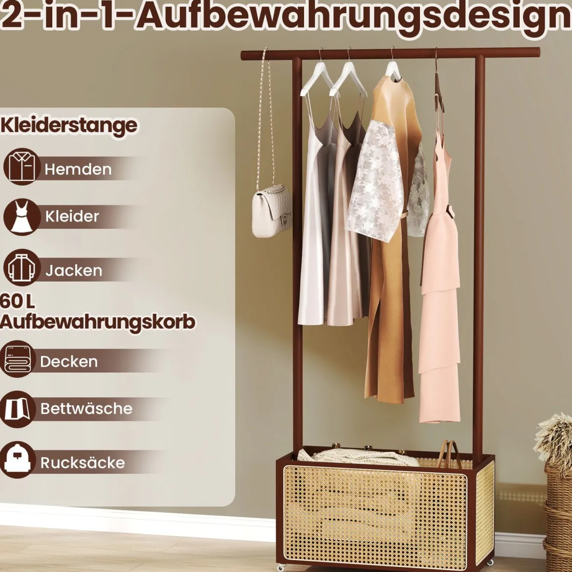 Bambus-Kleiderständer Garderobenständer mit Rattan-Aufbewahrungskorb & Rollen Braun