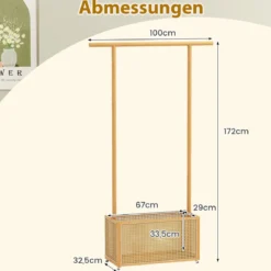 Bambus-Kleiderständer Garderobenständer mit Rattan-Aufbewahrungskorb & Rollen Natur