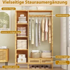 Bambus-Kleiderständer robuster Garderobenständer mit Schrank Kleiderstange Ablagefach Natur