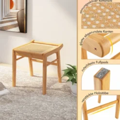 Bambus Kosmetikhocker mit Rattan-Oberfläche & rutschfesten Fußpads stabiler Hocker mit Verstärkungsstange