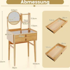 Bambus Kosmetikhocker mit Rattan-Oberfläche + Kleiner Schminktisch mit Spiegel Set Natur