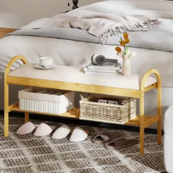Bambus-Schuhbank Flurbank mit gepolstertem Klappdeckel verstecktem Stauraum Beige