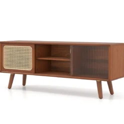 Bambus TV Schrank mit Rattan- & Glasschiebetür TV Lowboard Fernsehtisch Fernsehschrank Braun