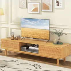 Bambus TV Schrank mit 3 Separaten Schränken & 2 Schiebetüren für TVs bis 70 Zoll Fernsehschrank