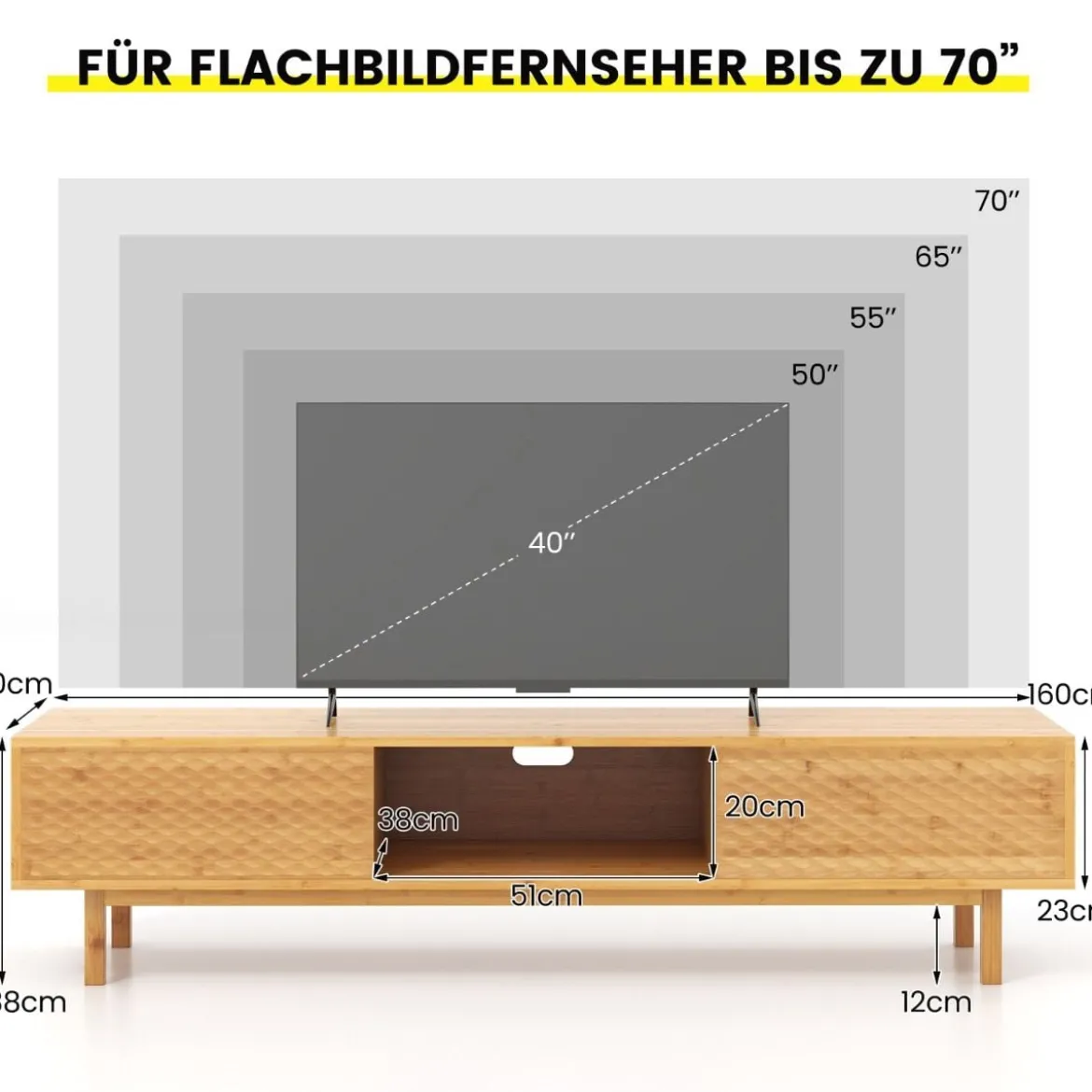 Bambus TV Schrank mit 3 Separaten Schränken & 2 Schiebetüren für TVs bis 70 Zoll Fernsehschrank