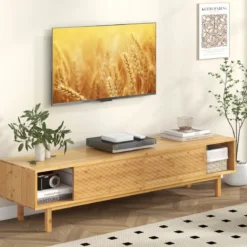 Bambus TV Schrank mit 3 Separaten Schränken & 2 Schiebetüren für TVs bis 70 Zoll Fernsehschrank