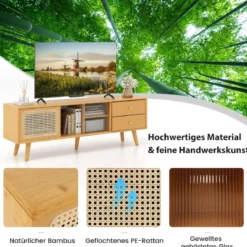 Bambus-TV-Ständer für TVs bis zu 65 " TV-Konsole im Mid-Century-Modern-Stil 140 x 31 x 45,5 cm Natur