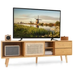 Bambus-TV-Ständer für TVs bis zu 65 " TV-Konsole im Mid-Century-Modern-Stil 140 x 31 x 45,5 cm Natur
