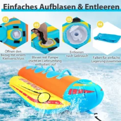 Bananenboot für 3 Personen Towable Tube mit 3 Eva-gepolsterten Sitzen und Griffen 252 x 108 x 51 cm