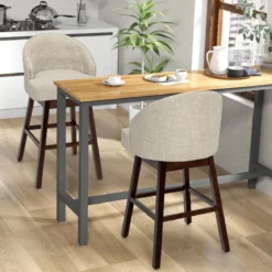 Barhocker 2er Set Barstuhl 360° drehbar Küchenhocker mit Lehne und Fußstütze 55 x 53 x 105 cm Beige + Braun