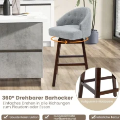 Barhocker 2er Set Barstuhl 360° drehbar Küchenhocker mit Lehne und Fußstütze 55 x 53 x 105 cm Grau + Braun
