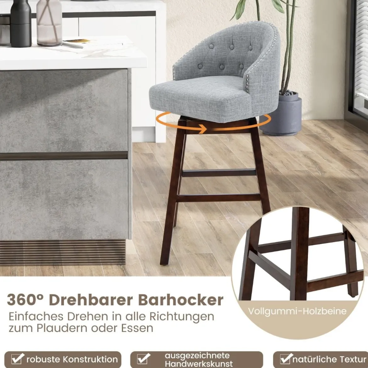 Barhocker 2er Set Barstuhl 360° drehbar Küchenhocker mit Lehne und Fußstütze 55 x 53 x 105 cm Grau + Braun