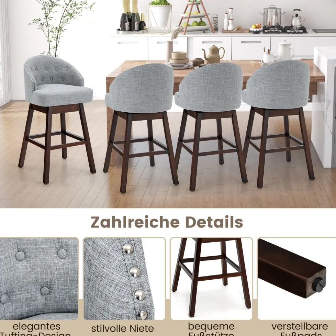 Barhocker 2er Set Barstuhl 360° drehbar Küchenhocker mit Lehne und Fußstütze 55 x 53 x 105 cm Grau + Braun