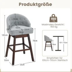 Barhocker 2er Set Barstuhl 360° drehbar Küchenhocker mit Lehne und Fußstütze 55 x 53 x 105 cm Grau + Braun