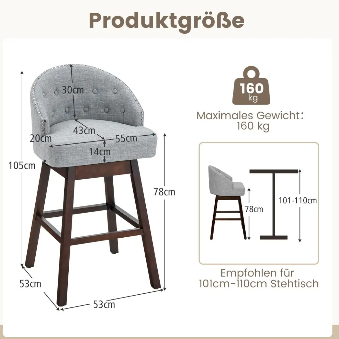 Barhocker 2er Set Barstuhl 360° drehbar Küchenhocker mit Lehne und Fußstütze 55 x 53 x 105 cm Grau + Braun