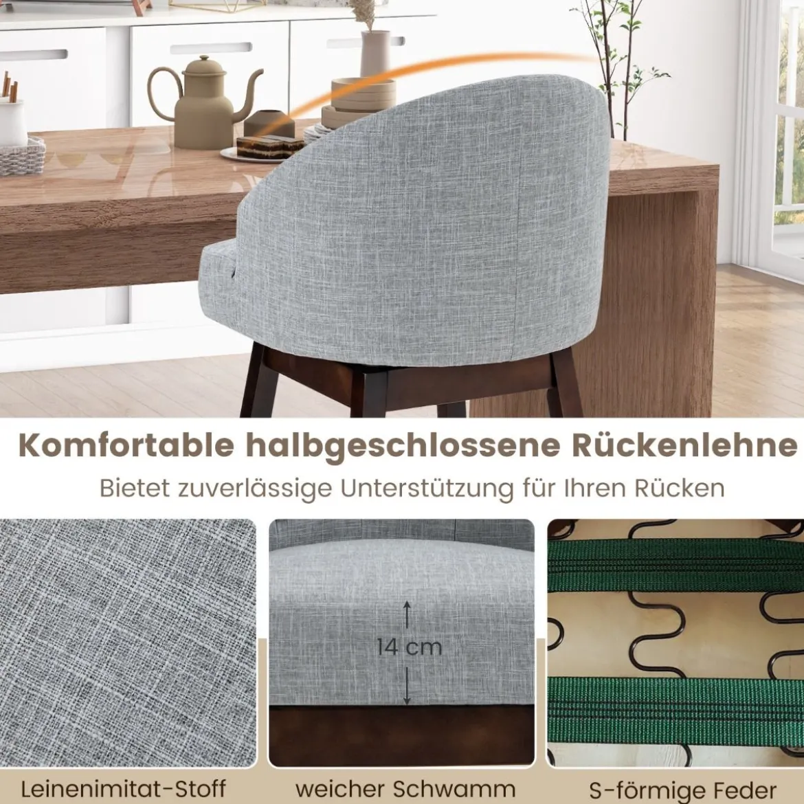 Barhocker 2er Set Barstuhl 360° drehbar Küchenhocker mit Lehne und Fußstütze 55 x 53 x 105 cm Grau + Braun