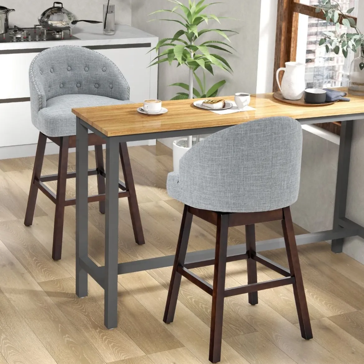 Barhocker 2er Set Barstuhl 360° drehbar Küchenhocker mit Lehne und Fußstütze 55 x 53 x 105 cm Grau + Braun